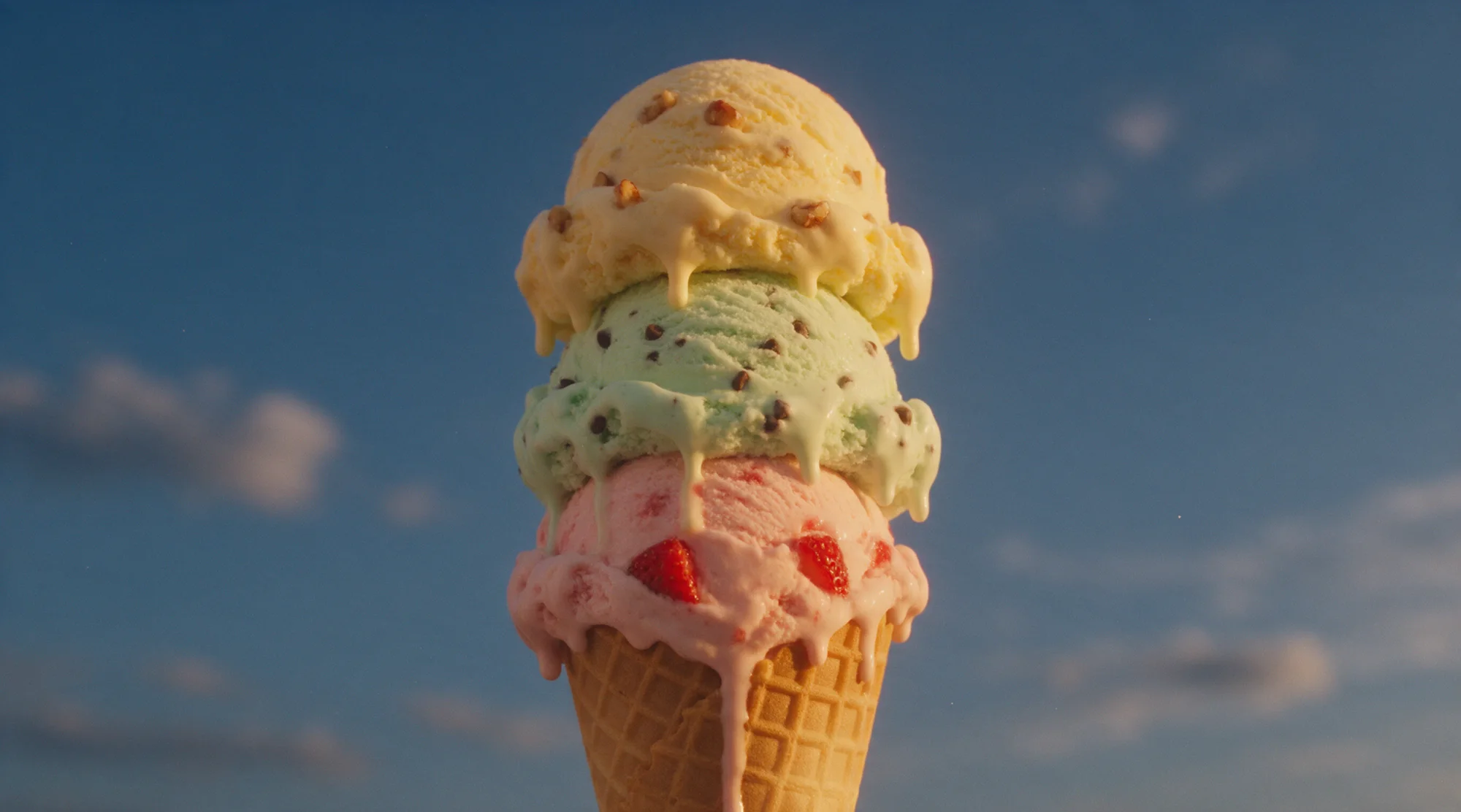 A towering waffle cone with three melting scoops, strawberry, mint chip and butter pecan, against a deep blue evening sky